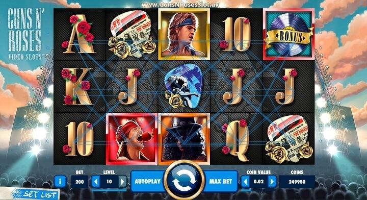 Guns N'Roses spilautomat har 5 hjul, 3 rækker, 20 gevinstlinje og 6 bonusspil inklusive free spins.