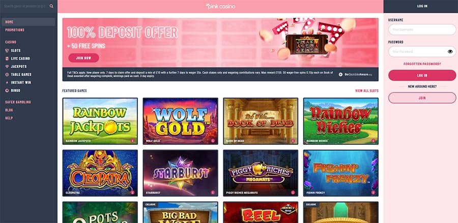 Pink casino home page and slots 2022