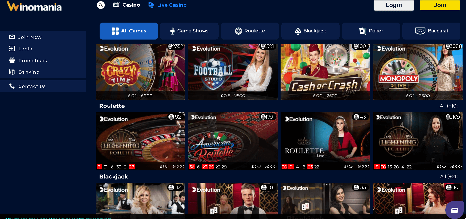 Winomania live casino games and review
