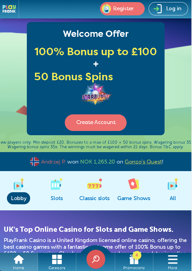 Playfrank casino welcome bonus UK